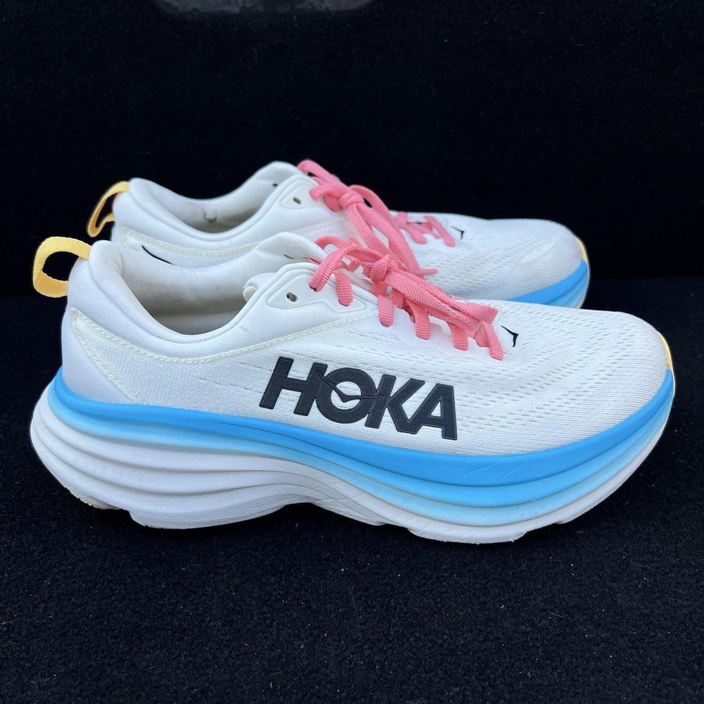 Hoka One One Bondi 8 Women's Road Running Shoes 8.5B Blanc De Blanc White/Blue